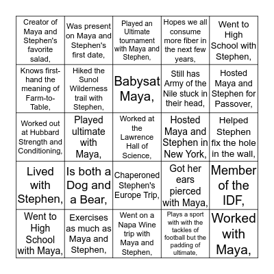 Maya and Stephen's Wedding Guest Bingo Card