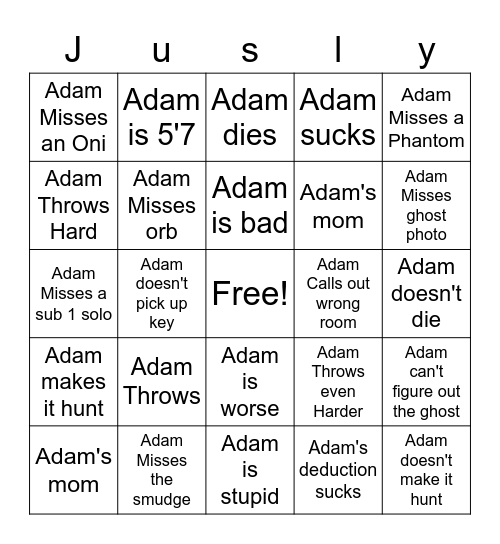 Adam's bingo card Bingo Card