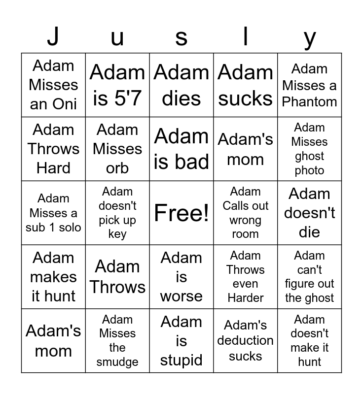 Adam's bingo card Bingo Card