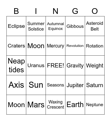 Astronomy Bingo Card