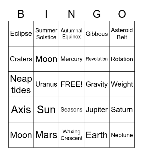 Astronomy Bingo Card