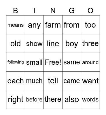SIGHT WORD 5 Bingo Card