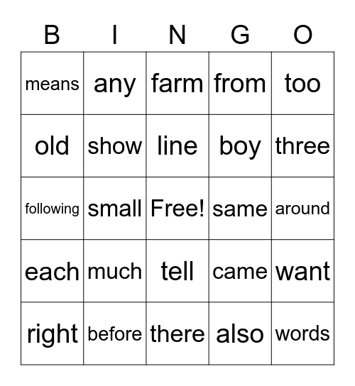 SIGHT WORD 5 Bingo Card