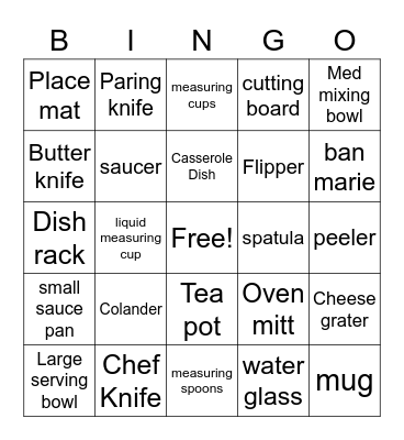 Kitchen Equipment Bingo Card