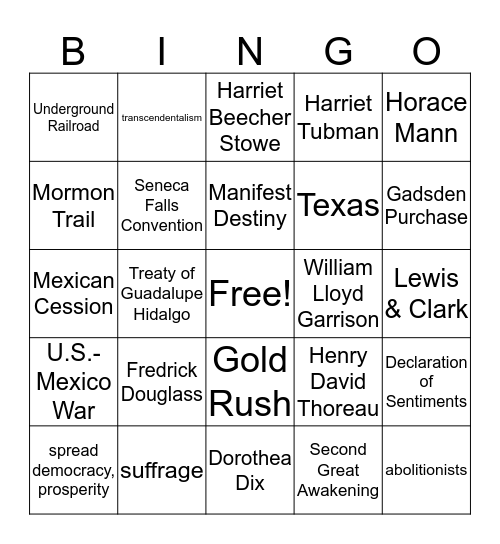 Westward Expansion & Reform Bingo Card