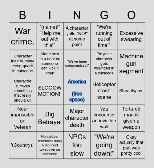 Call of Duty Campaign Bingo Card