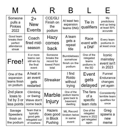 Marble League 2023 Bingo Card