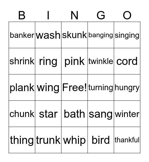 Chunk Word Bingo Card