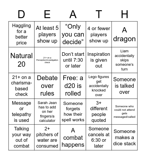 D&D Bingo March 3rd Bingo Card