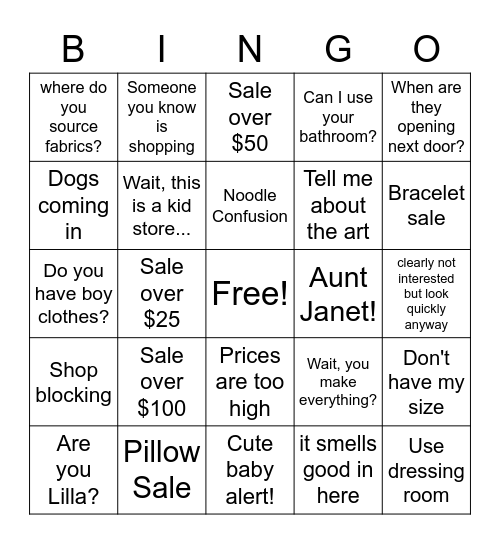 DC Shop Girls Bingo Card
