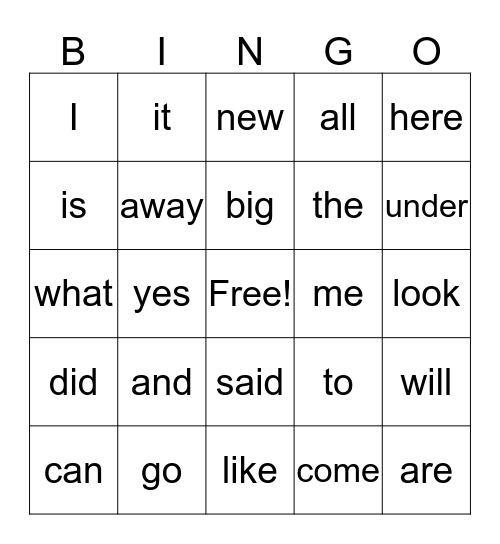 Sight Words Bingo Card