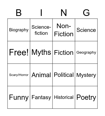 Book Genre Bingo Card