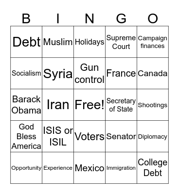 Presidential Debate Bingo Card