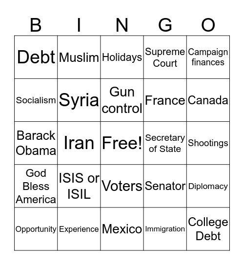 Presidential Debate Bingo Card