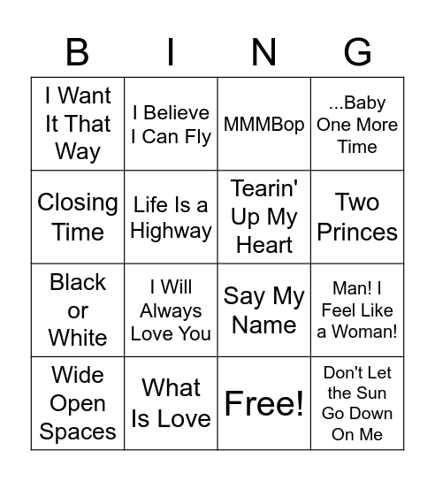 90s Music Bingo Card