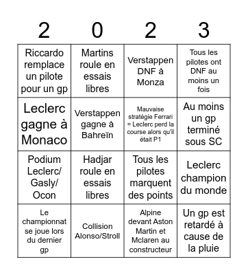 BINGO F1 2023 Bingo Card