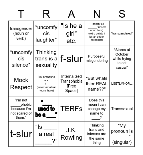 Transphobia Bingo Card