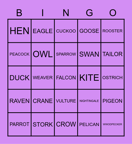 Birds Bingo Card