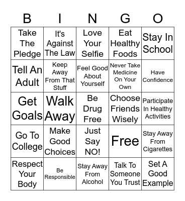 Drug use Prevention Bingo Card