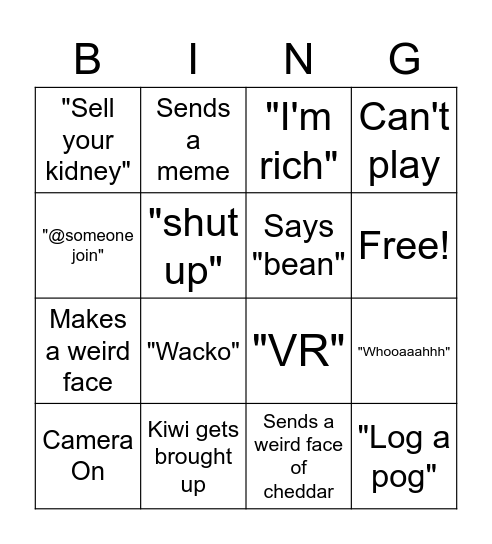 Callum Bingo Card