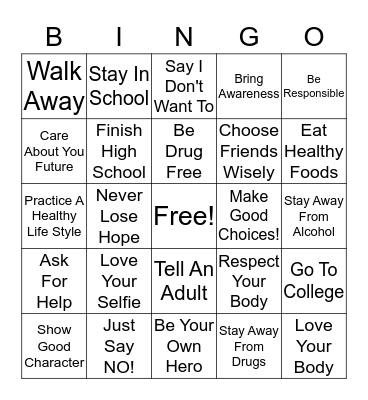 Drug Use Prevention Bingo Card