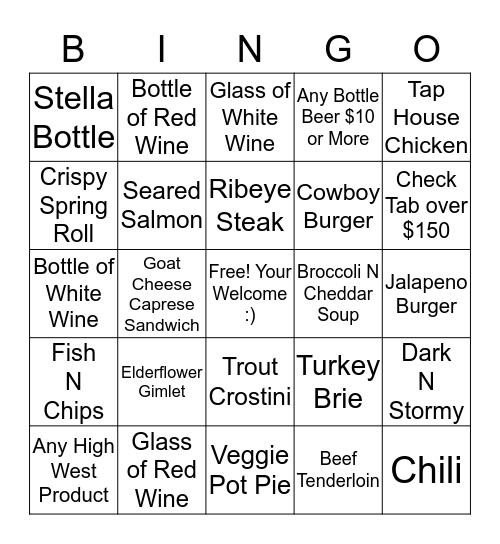 RED TAIL BINGO!!! Lunch/Dinner Bingo Card