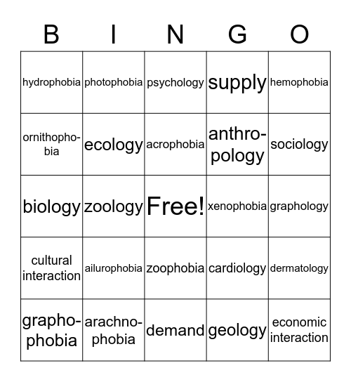 -ology, -phobia Bingo Card