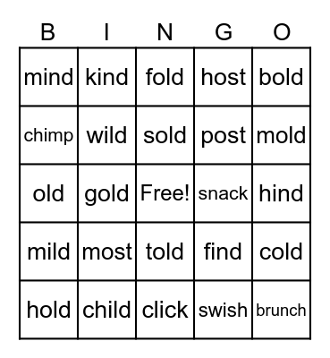 Closed Syllable Exceptions Bingo Card