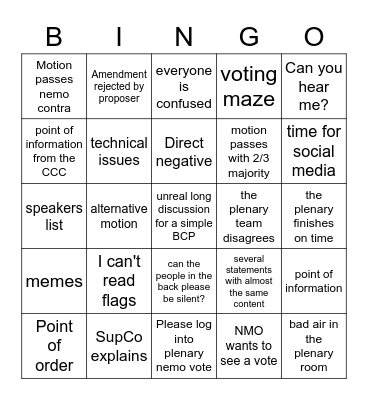 plenary bingo Card