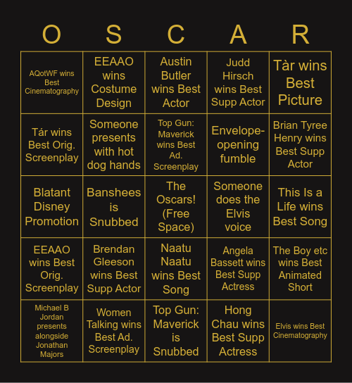 2023 Academy Awards Bingo Card