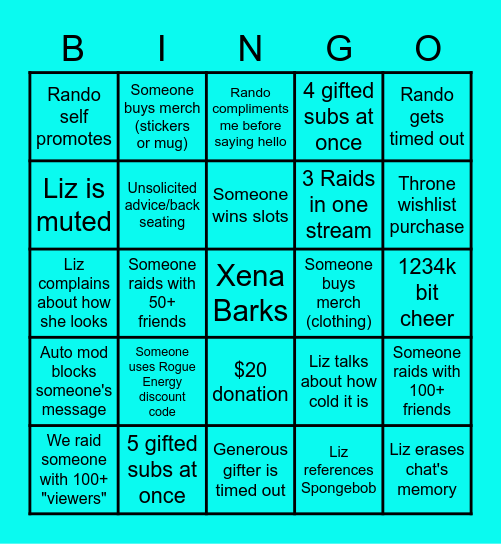 Liz XP Stream Bingo Card