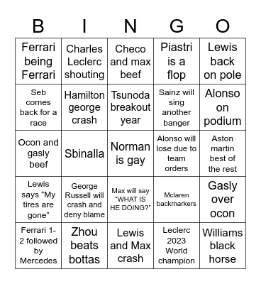 F1 Depression Bingo Card