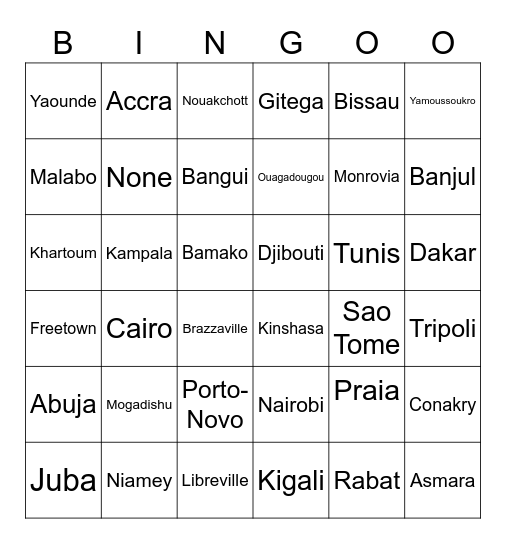 African Capitals Bingo Card