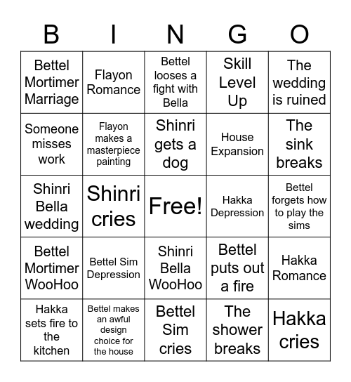 Bettelion Sims Saturday Bingo Card