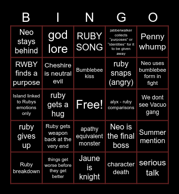 RWBY VOLUME 9 Bingo Card