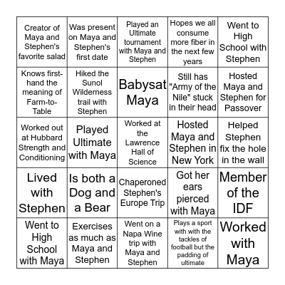 Maya and Stephen's Guest Bingo Card