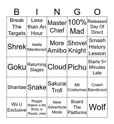 Nintendo Direct Bingo Card