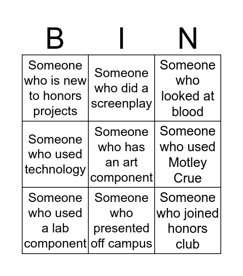 Fall Honors Poster Session 2015! Bingo Card