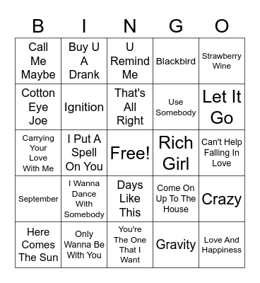 Music Bingo: Cover Songs Bingo Card
