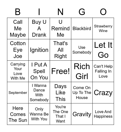Music Bingo: Cover Songs Bingo Card