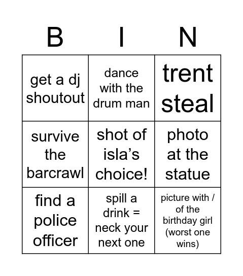 Isla’s birthday bingo Card