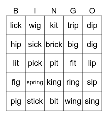 Word Family Bingo -ing, -ip, -ig-ick,it Bingo Card
