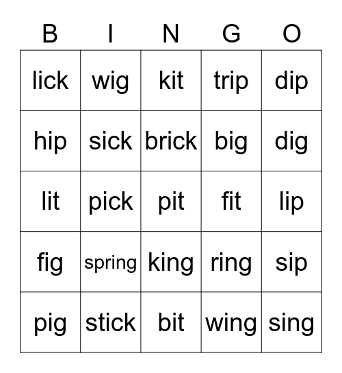 Word Family Bingo -ing, -ip, -ig-ick,it Bingo Card