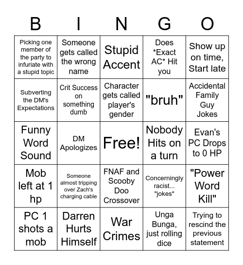 Our stupid dnd bingo card Bingo Card