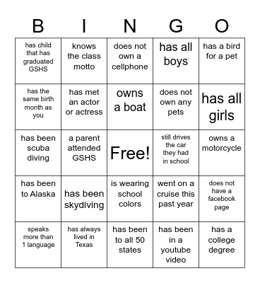 Class of 1973 Bingo Card