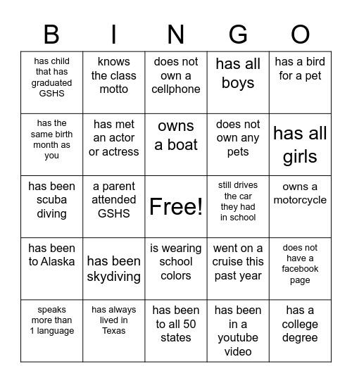 Class of 1973 Bingo Card