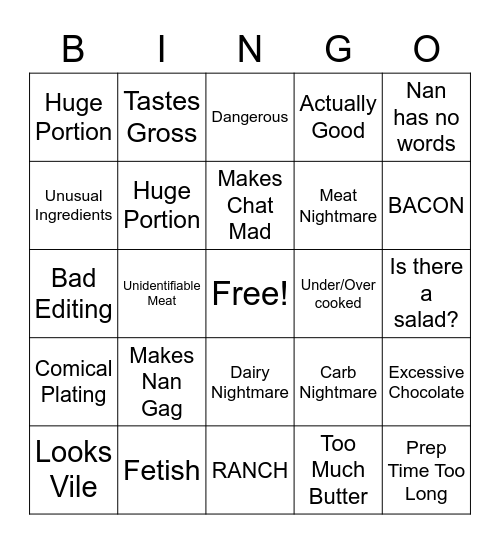 Gross Recipe Bingo Card