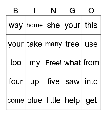 Unit 1 Sight Words Bingo Card