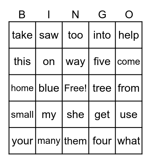 Unit 1 Sight Words Bingo Card