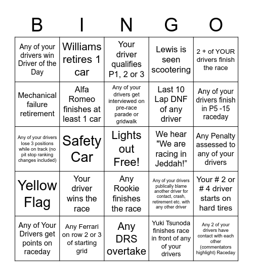 Saudi Arabia Grand Prix -2023 Bingo Card